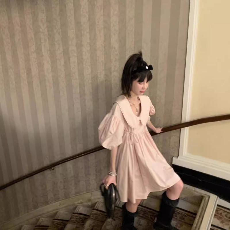 ワンピース レディース 夏 ドールカラー パフスリーブ 半袖 収腰 スリム かわいい フェミニン ガーリー 軽やか 普段使い｜日用雑貨　RISE店
