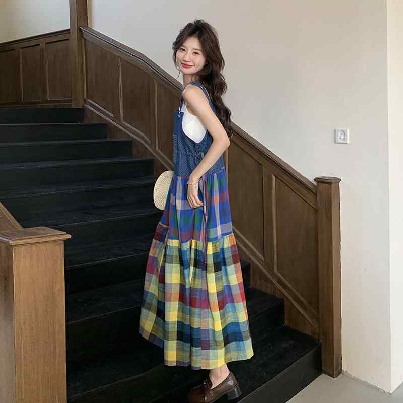 レディース ワンピース デニム サスペンダースカート チェック柄 切り替え ストラップ 肩紐 夏用 ゆったり ビビッドカラー カジュアル 普段使い 軽量 伸縮性 吸湿速乾｜日用雑貨　RISE店