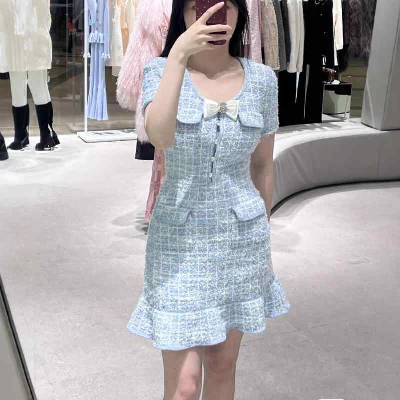 レディース ワンピース 春夏 短袖 チェック柄 ニット 蝶結び リボン 上品 エレガント フレンチスタイル ミニ丈 カジュアル 普段使い 伸縮性 軽量 綿混 ブラック ピンク系 アイボリー|日用雑貨 RISE店