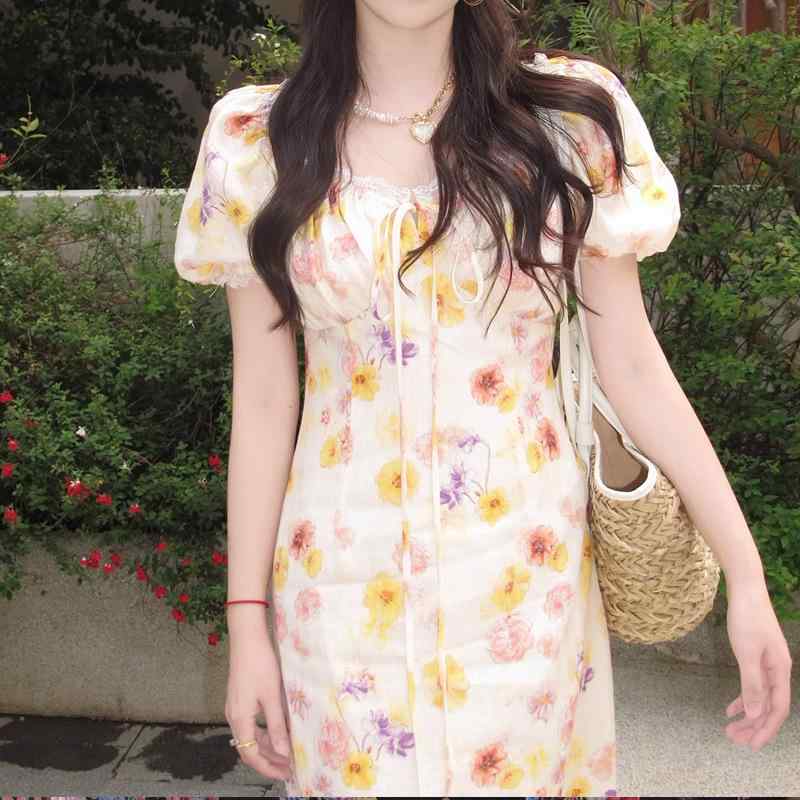レディース 麻 フレンチ表現スタイル ガーリー ロング衣装 デイジー柄 今めかしい 春夏 普段使い走り 軽さ ゆったり影ぼうし 体型覆いかぶせる