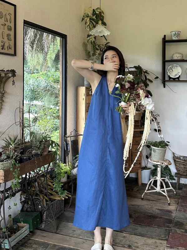 衣装 レディース 夏 リネン原材料 ロング丈 V素っ首 ゆったり影ぼうし たまり場表現スタイル 青み声の調子 色ざし映え 軽さ 吸湿速乾 通い 普段使い
