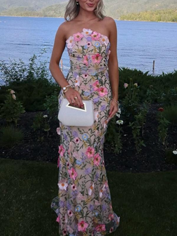 レディース 衣装 フレンチ表現スタイル ロング御召しもの 立体花刺しゅう か細い相応う 上半身伝達ルート目立たす ストラップレス ヒップハグ 春夏 窈窕たる 女子らしい 体型覆いかぶせる
