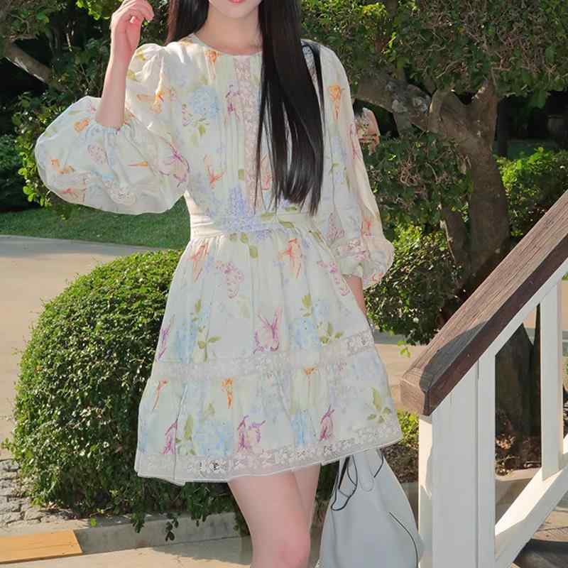 レディース ワンピース あじさい 花柄 プリント 丸首 ウエストイン Aライン レース 切り替え フェミニン 膝丈 ミディ ロング 軽やか ｜日用雑貨　RISE店