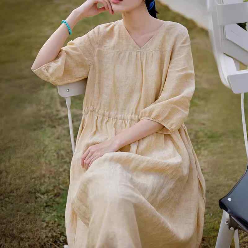 衣装 レディース 春夏 V素っ首 ギャザー A伝達ルート 太陽面爆発 ミモレ丈 ロング丈 麻 リネン ゆったり 体型覆いかぶせる 着痩せ 細押し出し 好いたらしいめ 心地好い 今めかしい 可愛らしい お出かけ 旅する