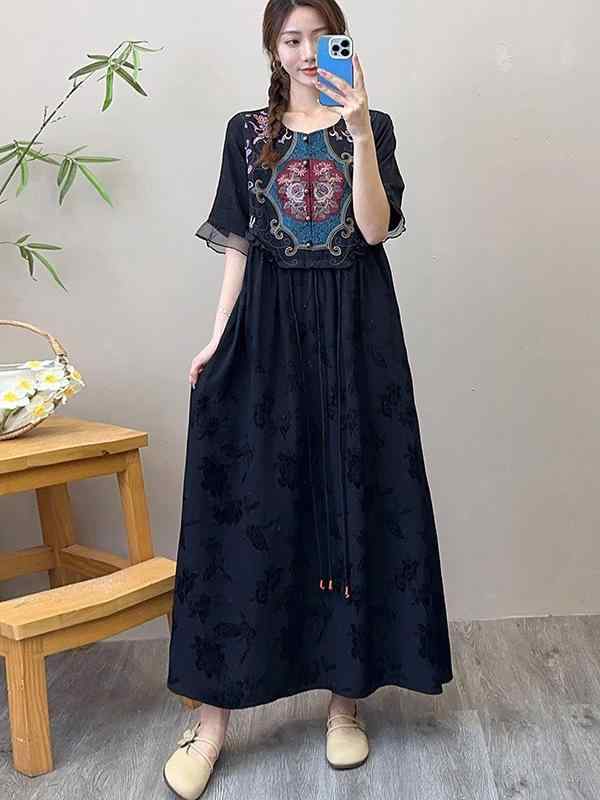 衣装 レディース 半袖 ロング衣装 マキシ丈お召しもの A生産ライン ラウンドのど首 丸首 ティーシャツ エスニック 民族風 オリエンタル レトロ ヴィンテージ調 繻子 ジャカード ゆったり 気が大きい大きさ 大きめ 大きさ 体型押しかぶせる 着痩せ 細見え