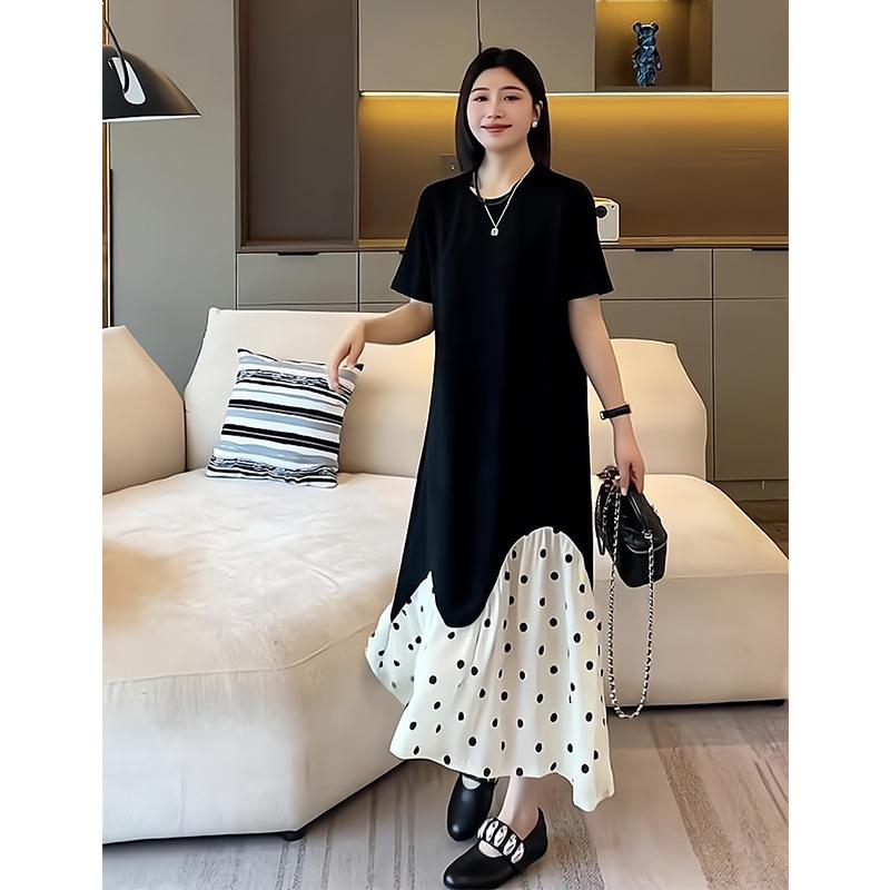 ワンピース レディース 春夏 Tシャツワンピース カットソーワンピース シフォン ドッキング 切り替え ドット柄 ドット ミドル丈 ミディ丈 大きいサイズ 大きめ サイズ ゆったり 体型カバー 体系カバー 着痩せ 細見え 二の腕カバー お腹周り おしゃれ｜日用雑貨　RISE店