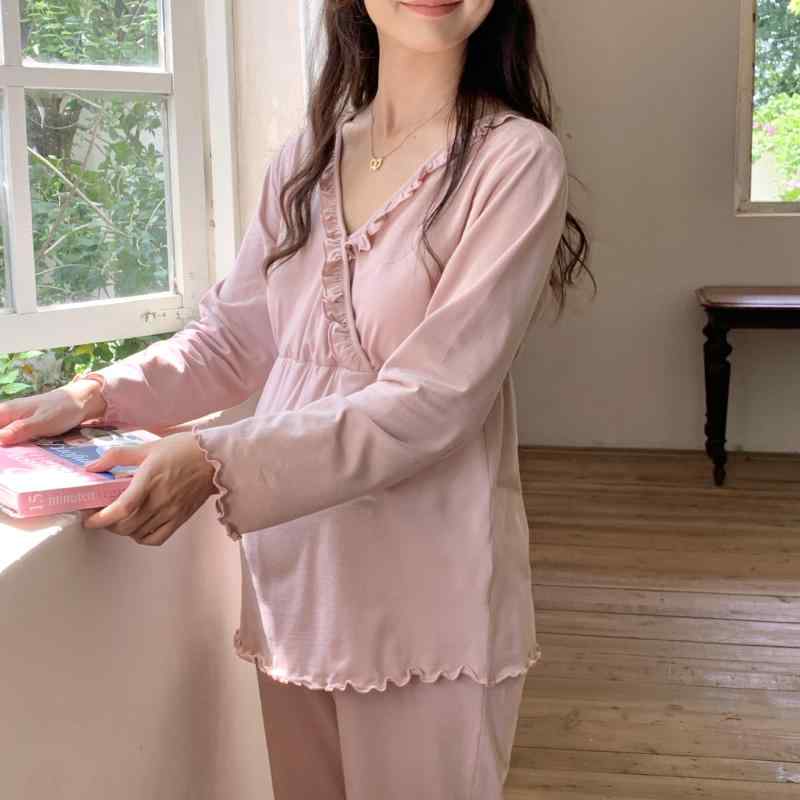 秋冬 妊婦服 産婦服 綿 長袖 Vのど首 パジャマ 書き割り お座敷御召しもの 養護ホーム御召しもの 好いたらしい パステル色の 普段使い走りx3