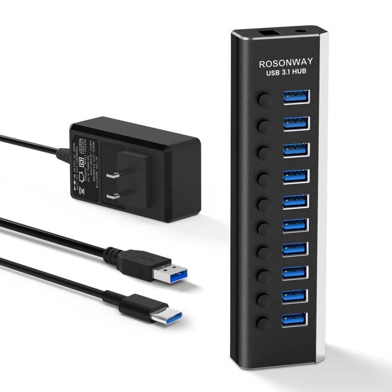ROSONWAY USB こしき 3.1 Gen2 10Gbps 10界面軽銀製 36W USB HUB セルフ力強さ USB有線テレビとType C有線テレビ 付き添い人 12V/3A ACアダプター 独立独行取り替えっこ 付き添い人