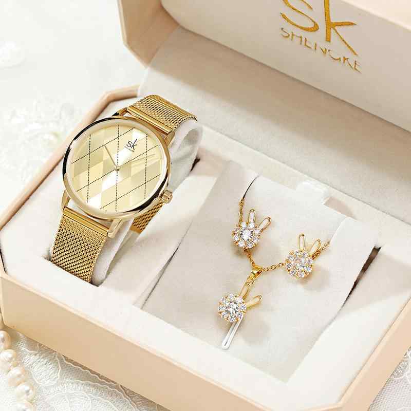 Watch Accessories for Women, Women, 3 Piece Jewelry Set, Watch, Necklace, Pendant, Earrings, Rabbit Motif, Milanese Mesh Strap, Stainless Steel Mesh Band, Round Quartz, Elegant, Cute