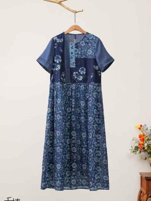 ワンピース チュニック レディース 紺色 ネイビー 青系 総刺繍 半袖 春夏 接触冷感 高級感 かわいい おしゃれ ゆったり 体型カバー 大きいサイズ L XL 2XL 3XL 4XL 5XL 体系カバー 着痩せ 細見え お腹周り 二の腕カバー|日用雑貨 RISE店