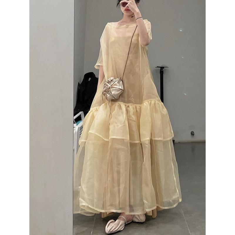 ワンピース 洋娃娃風 淡黄色 透明紗 ティアードスカート ギャザースカート Aライン ゆったり 着痩せ 体型カバー 細見え お腹周り 二の腕カバー Lサイズ 大きめ サイズ 大きいサイズ 体系カバー 春夏 ショート丈 ミモテ服 レディース おしゃれ ｜日用雑貨　RISE店