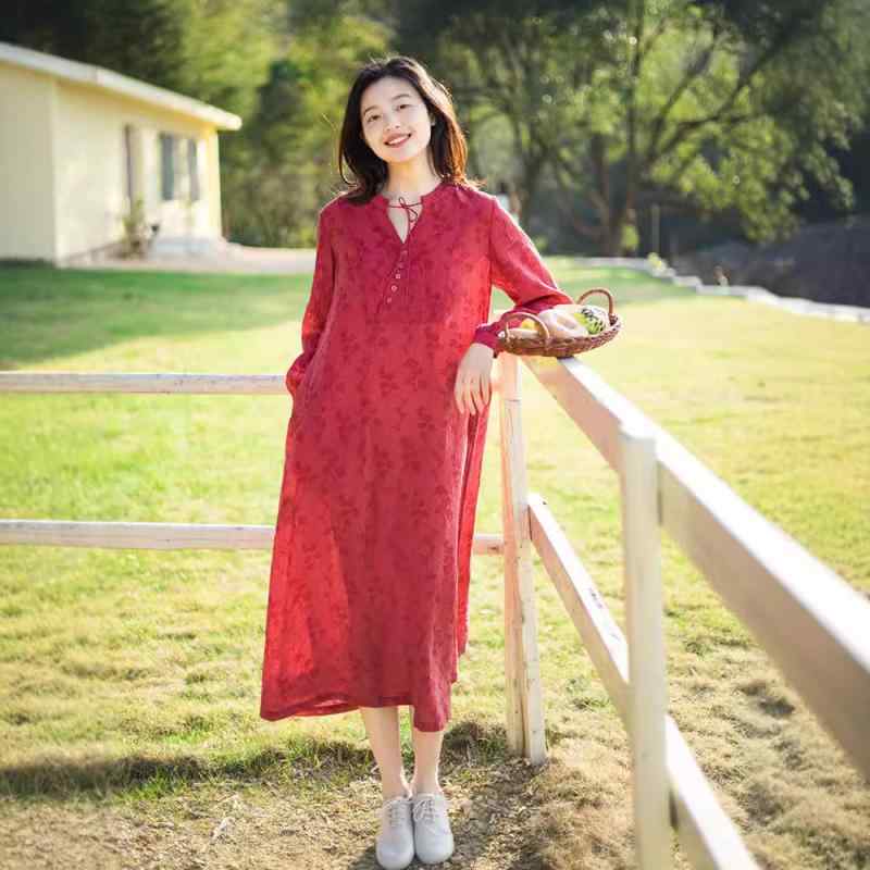 衣装 レディース V素っ首 ゆったり 体型覆いかぶせる 花柄 赤 赤いこと リネン混 綿混 ミモレ丈 春夏用 心地好い 好いたらしいめ 窈窕たる 成年者可愛らしい 普段使い走り お出かけ 会う約束 清楚系 自然的系 取り合わせ覆いかぶせる 馬鹿でかい大きさ 大きめ 大きさ 細押し出し ゆったり