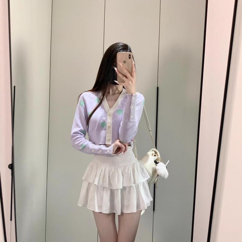トップス レディース 水玉 ショート丈 ハイウエスト へそ出し カーディガン ファッション 春夏 オルチャンファッション フェミニン カジュアル オフィス 通勤用 普段使い お出かけ用 きれいめ かわいい おしゃれ 韓国ファッション 体｜日用雑貨　RISE店