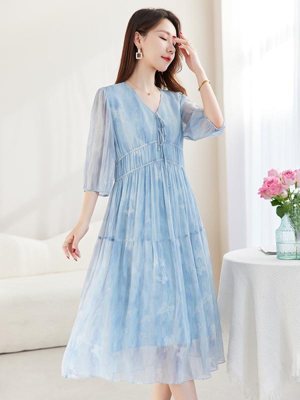 衣裳 レディース 桑蚕? A字裙 表着 夏服 透け感 通気性 好いたらしい 雅びやか 雅びやか 今めかしい 着痩せ 細見せかけ 体型取りまかなう 大層らしい大きさ ゆったり L大きさ 大きめ 大きさ 取り合わせ取りまかなう 6A桑蚕?印花?衣裙 亭主もち用 夏用 半袖衣裳 真っただ中丈