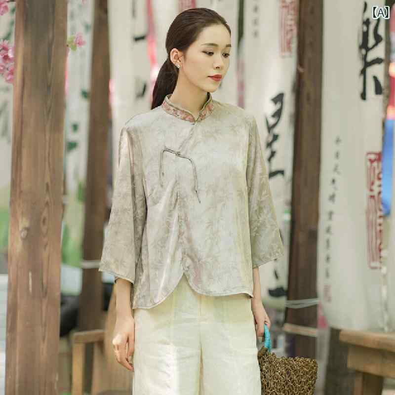 プルオーバー レディース 春夏 瀬戸ものプルオーバー トップス 上衣 トップ 長袖 茶服 中国風 民族風 レトロ 古典派音楽 読みもの風 ゆったり うつり変わり 心地よい エスニック アジアン 異国的 通気性 綿麻 綿織物 リネン 普段使い走り お出かけ 日常