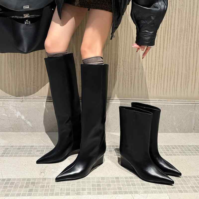 ブーツ レディース 筒広 ショートブーツ ミドルブーツ 革 小牛皮 レザー 厚底 ウェッジソール ブーツ 履きやすい 脱ぎやすい 美脚 効果 痛くない 疲れにくい 歩きやすい 秋冬 ブラック ブラウン 婦人靴 カジュアル 通勤 オフィス 旅行 普段｜日用雑貨　RISE店