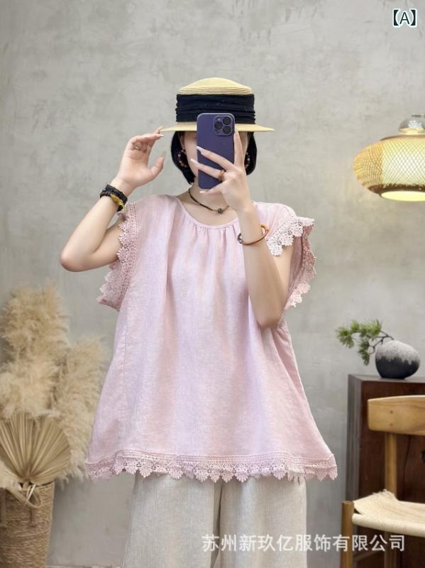 Tシャツ レディース 春夏 アジアン エスニック 麻 リネン 半袖 カットソー トップス シャツ ブラウス プルオーバー 丸首 レース 切り替え 無地 薄手 涼しい 体型カバー ゆったり 通気性 カジュアル ナチュラル 普段使い 大人 かわいい ホワイト｜日用雑貨　RISE店