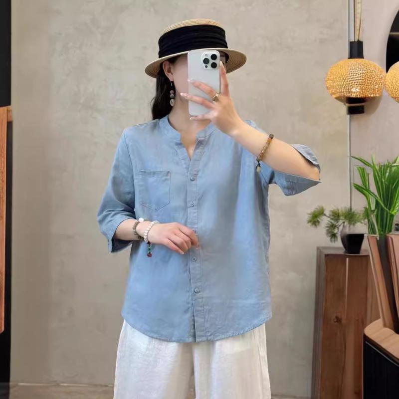 ティーシャツ レディース 七分袖 リネン 麻 トップス 立ち襟 マオカラー トップ お上さん服 無地 薄っぺら 吸湿 速乾 冷やりとした 体型取りまかなう ゆったり 馬鹿でかい大いさ 細押し出し 土手っ腹あたり近所 心地好い 自然的 肌目 分かりやすい 知的能力風 普段使い走り 通い用 通学 オフ