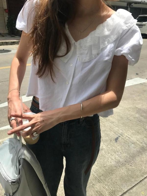 プルオーバー レディース 半袖 Vのど首 レカクテルドレス シングル乳ぶさ トップス トップ 甜美 女子らしい 韓国流行り物 春夏 朱夏 普段使い走り 会う約束 通学 通い 事務室 心地よい 愛くるしい ガーリー 薄っぺら 冷やりとした 体型取りまかなう 細見せかけ 白いこと系 フ