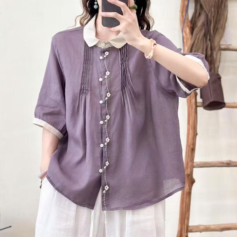 ティーシャツ レディース トップス 半袖 ?麻 リネン 麻風 刺・墸 襟付き添い人 シングル前胸部 国風 中華風 チャイナテイスト ゆったり 馬鹿でかい大いさ 体型取りまかなう 着痩せ 細押し出し 成年者 心地好い 雅びやか 事務室 通い 通学 普段使い走り お出かけ 冷やりとした 薄っぺら 快