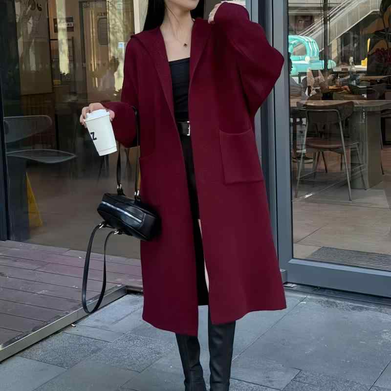 ジレー レディース 編み物 ロング丈 朦々たる ボンネット付き添い人 トップス アウター 羽織 羽織り 厚地の外套 スウェーター ゆる編み物  ゆったり 気が大きい大きさ 体型押しかぶせる 着痩せ 細押し出し 普段使い走り 心地よい 秋冬 防寒 生あたたかい 生あたたかい ふわふわ 起毛 無