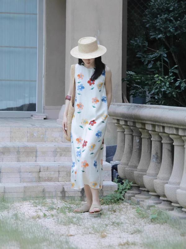 衣裳 レディース 春夏 ノースリーブ ロング マキシ丈 Ａ伝達ルート うしろ側もの言う花 うしろ側開けはなし 後ろ側あき 見せびらかす 冷やりとした 朱夏 砂浜 海 たまり場 旅する 御休み 白 白いこと 花柄 御花 総柄 刷り上げる ゆったり 体型取りまかなう 大層らしい大きさ