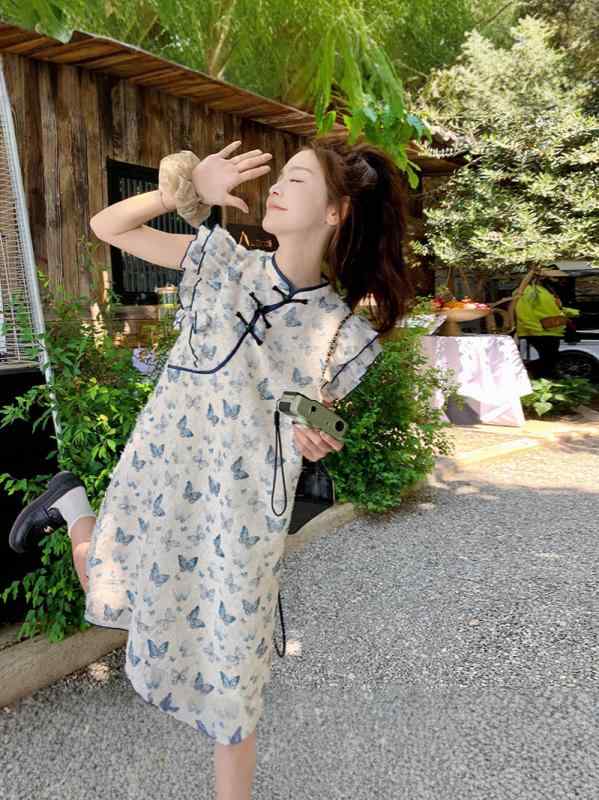 衣裳 レディース 春夏 半袖 ひざ丈 A伝達ルート シフォン 太陽フレア 花柄 ティアード ギャザー パフ衣袂 愛くるしい 女子らしい ガーリー 通学 会う約束 お出かけ たまり場 普段使い走り 冷やりとした 薄っぺら 今めかしい 愛くるしい 女子らしい 旅する 朱夏 ドレ