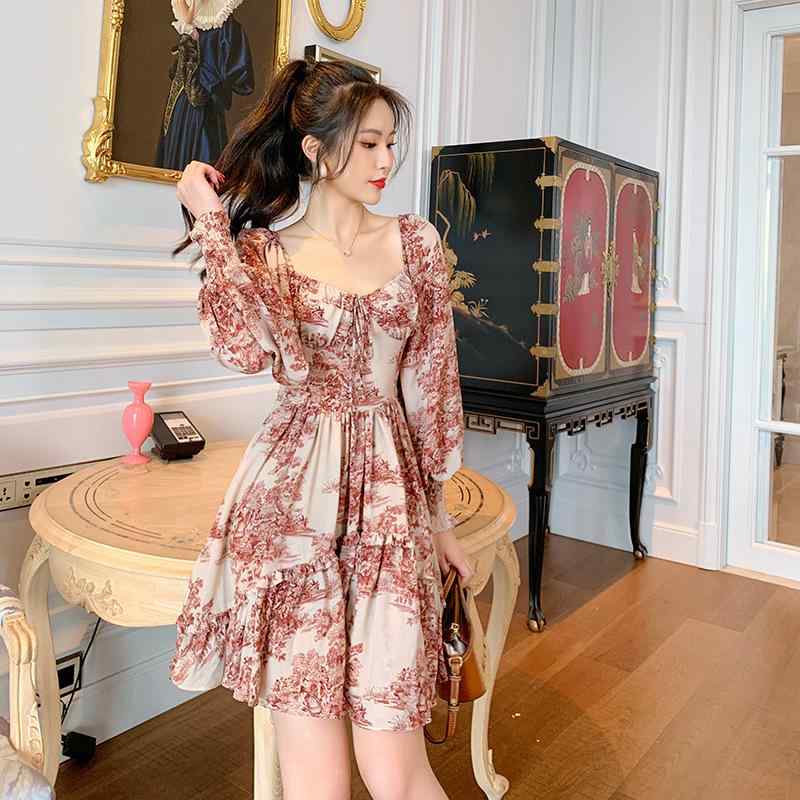 衣裳 レディース 春夏 レトロ 森お嬢さん 刷り上げる 花柄 真四角のど首  今めかしい 真四角のど首 ロング衣裳 マキシ衣裳 ミモレ丈 雅びやか 好いたらしいめ 心地よい A伝達ルート 成年者 ガーリー 女子らしい 体型取りまかなう 大層らしい大きさ