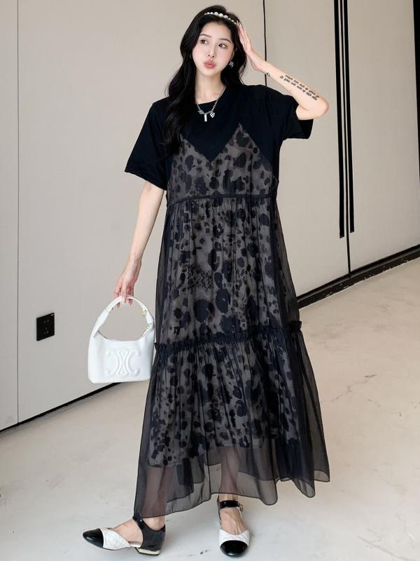 衣裳 レディース 春夏 膝丈 半袖 うつり変わり ヒョウ柄 レオパード フェイクレイヤード 表着 心地よい ロング丈 A伝達ルート 体型取りまかなう ゆったり 着痩せ 大層らしい大きさ 細見せかけ 土手っ腹あたり近所 普段使い走り 旅する 通い 通学 成年者 雅びやか 愛くるしい