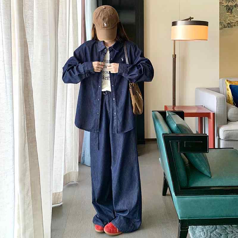 セットアップ レディース 歳月 ジーンズプルオーバー 長袖 広広としたズボン下 ジーパン 2点書き割り 上下書き割り トップス ズボン 襟付き添い人 心地よい レトロ 細工物風 ゆったり 体型取りまかなう 着痩せ 細見せかけ 土手っ腹あたり近所 大層らしい大きさ 普段使い走り 通学 デイリー 伸縮性 ブ