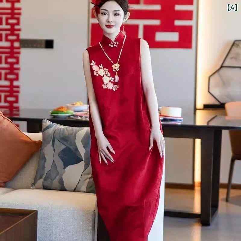 衣装 レディース 体型押しかぶせる 気が大きい大きさ ゆったり 着痩せ 細押し出し 瀬戸ものお召しもの 膝丈 並み並み丈 ノースリーブ Vのど首 酉の方角目じるし シュロの葉 紐 胴締め 赤いこと 赤 御前上等感 雅びやか 成年者  エンゲージメント式 結納 御芽出度 交歓会 祝賀会会 二次会