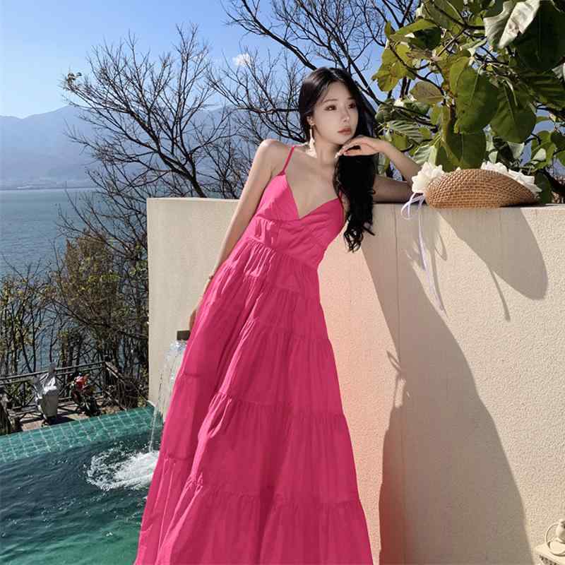 衣裳 レディース 春夏 マキシ丈 ロングワンピ 吊りスコート さくら色 さくら色さくら色 深Vのど首 うしろ側受け答え 露背 ノースリーブ A伝達ルート 太陽フレア 朱夏御召しもの たまり場 海 ビーチ 砂浜 旅する 周遊 映画化 活動写真映え 妖精 妖精 愛くるしい