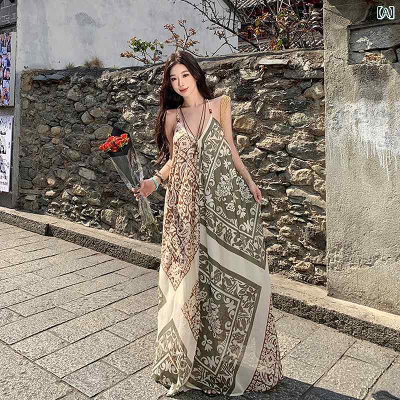 衣裳 レディース 春夏 マキシワンピ ロング御召しもの 吊りスコート ボヘミアン エスニック 刷り上げる マルチ色つや Vのど首 ノースリーブ たまり場 砂浜 リラクシー A伝達ルート ティーシャツ キャミソールワンピ 大層らしい大きさ ゆったり 体型取りまかなう
