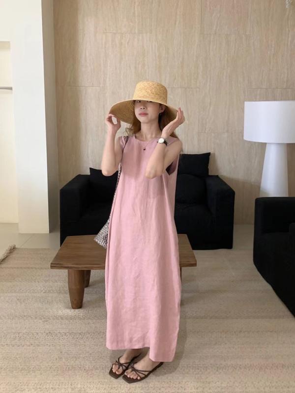 衣裳 レディース 春夏 ノースリーブ ロング マキシ丈 麻 リネン 無地 分かりやすい 心地よい 自然的 ゆったり 大層らしい大きさ 体型取りまかなう 着痩せ 細見せかけ 土手っ腹あたり近所 普段使い走り 冷やりとした 冷やりとした感 軽さ 朱夏