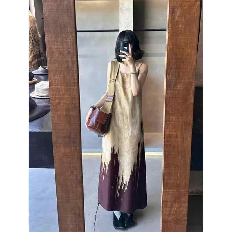 衣装 レディース 春夏 ロング衣装 ロング丈 吊り下げ 当たること冷感 光輝感 a伝達ルート A伝達ルート 直筒 か細い 細押し出し 着痩せ ノースリーブ 抽象化柄 総柄 刷り上げる うつり変わり 異原材料 バイ色つや  個人的特徴的 ゆったり 体型覆いかぶせる 心地好い
