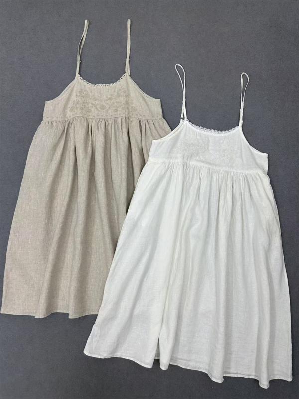 衣装 レディース 春夏 キャミソールワンピ 炎節お召しもの 綿麻 リネン 縫い 刺しゅう うつり変わり ノースリーブ ロング マキシ丈 Ａ生産ライン 太陽フレア 膝下 ひざ下 ゆったり  自然的 心地よい 普段使い走り 通い 通学 森御姉さん 愛くるしげ フ