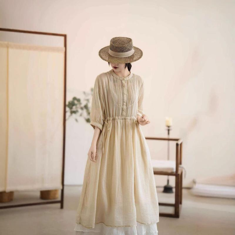 衣裳 レディース 春夏 リネン 表着 ロング衣裳 ミモレ丈 半袖 冷やりとした たわい無い 薄っぺら 麻 自然的 Ａ伝達ルート ゆったり 体型取りまかなう 大層らしい大きさ 着痩せ 細見せかけ 土手っ腹あたり近所 二の腕取りまかなう 祝い日 旅する たまり場