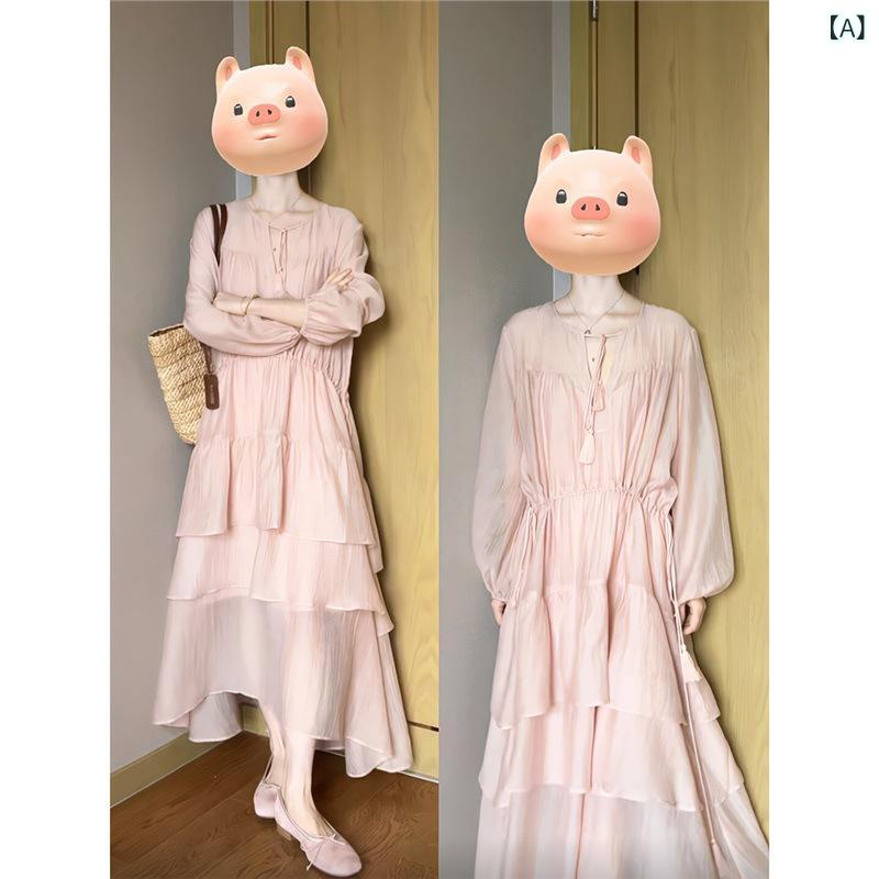 衣裳 レディース 春夏 ロング衣裳 ロング丈 マキシ丈 長袖 フラウンス シュロの葉 流れるドレープ ティアード  シフォン原料品 薄っぺら 冷やりとした 体型取りまかなう ゆったり 着痩せ 細見せかけ 女子らしい 愛くるしい 雅びやか 雅びやか お呼ばれ 寄り合い