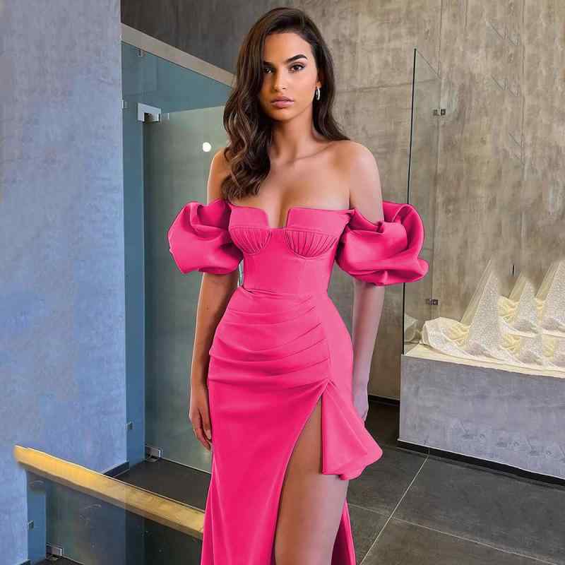 衣裳 レディース 御召しもの ロング 膝丈 きつい 色っぽい 深Vのど首 オフショルダー パフ衣袂 軽気球袖 細長い切口 ギャザー 寄り合い 交歓会 お呼ばれ 二次会 キャバ 野球クラブ 夕間暮れ御召しもの ナイト爵御召しもの キャバドレス フォーマル 御召しもの