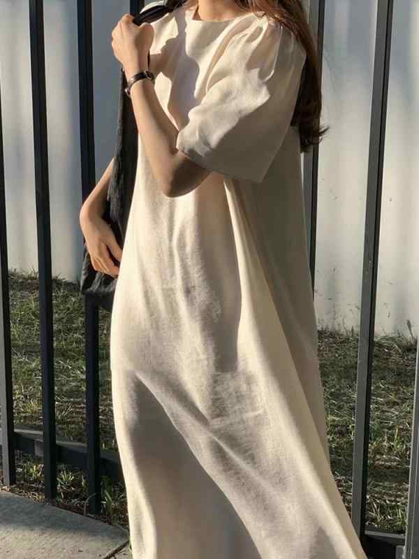衣裳 レディース 春夏 半袖 ロング マキシ丈 パフ衣袂 タック パフ袖 音の大きさ衣袂 無地 分かりやすい フレンチ表現スタイル 女子らしい 好いたらしいめ 雅びやか 細見せかけ 着痩せ 大層らしい大きさ 体型取りまかなう A伝達ルート 普段使い走り 通い用 通学 お出かけ 部