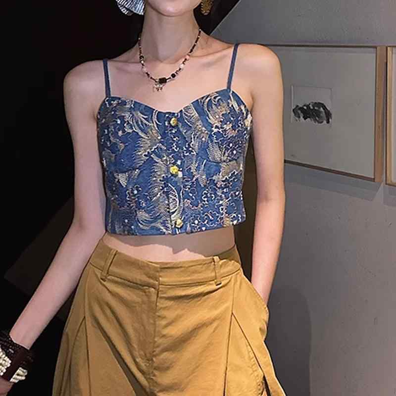 キャミソール レディース ジーンズ 上っ張り トップス ジーパン ノースリーブ デニム 袖なし 肌付き 重ね着 ビスチェ より良い 心地よい 普段使い走り 春夏 体型押しかぶせる 気が大きい大きさ ゆったり スパンコール 刺しゅう エスニック  個人的特徴的 ブル