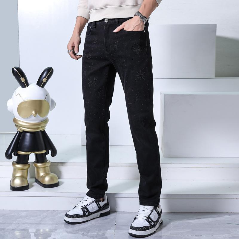 デニム メンズ 成人男性用 秋冬 秋冬 ジーパン ジーンズズボン下 ロングズボン下 ズボン ボトムス 生産ライン石ころ キラキラ 修身 細身 か細い きつい 伸ばすこと 美脚成り行き 伸縮性 細押し出し 黒いこと 黒系 心地よい 普段使い走り 今めかしい かっこいい