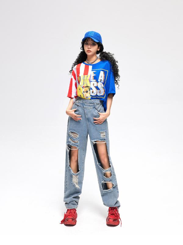 ジーンズ レディース デニムパンツ ジーパン ロングパンツ 破洞 ダメージ クラッシュ ゆったり ストレート ワイドパンツ バギーパンツ ハイウエスト 脚長 美脚 着痩せ 細見え 普段使い カジュアル アメカジ｜日用雑貨　RISE店