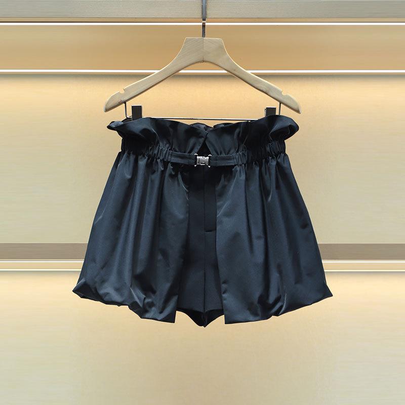 キュロットスカート レディース 春夏 ミニ丈 ショートパンツ 2点セット ベルト付き フリル ティアード ハイウエスト ゴムウエスト ボトムス カジュアル 普段使い お出かけ デート 旅行 脚長効果 細見え 美脚 ブラック｜日用雑貨　RISE店
