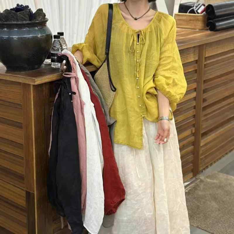 プルオーバー レディース 春夏 半袖 リネン 麻 上衣 トップス 襟なし 丸首 足懸かりのど首 細長い切口 紐付き パール名取り草 心地よい 無地 ゆったり 体型押しかぶせる 気が大きい大きさ 土手っ腹あたり近所 冷やりとした 吸湿 速乾 普段使い走り 通勤着 通学 20代 30代 40代