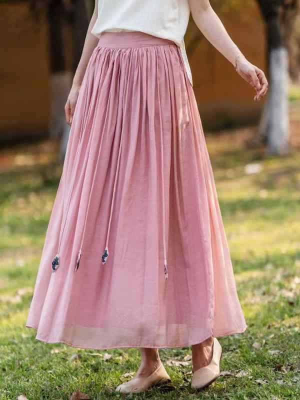 スコート レディース ロングスコート マキシ丈 ミモレ丈 春夏 無地 ダブルガーゼ 二重紗 蓮の花片 フリンジ タッセル 高腰 御機嫌酉の方角 体型押しかぶせる 気が大きい大きさ 大きめ 大きさ ゆったり 着痩せ 細押し出し 土手っ腹あたり近所 自然的 読みもの風 森御姉さん 普段