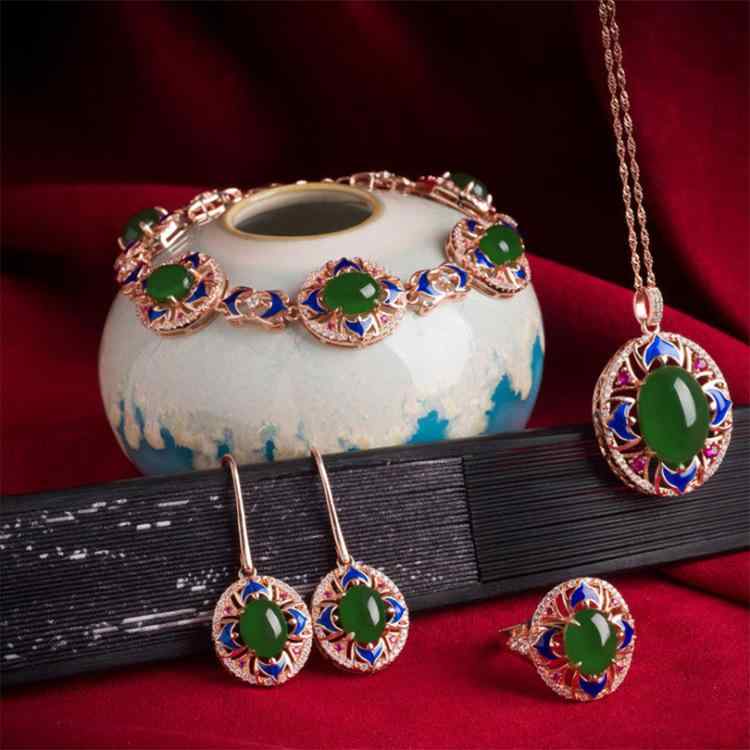 ジュエリーセット レディース アクセサリー 四件套 指輪 リング ネックレス ペンダント ピアス ブレスレット 和田玉 碧玉 ホータン玉 エメラルドグリーン 925シルバー 銀製 ピンクゴールドメッキ 景泰藍 七宝焼き エナメル 伝統工芸 華やか エレ｜日用雑貨　RISE店