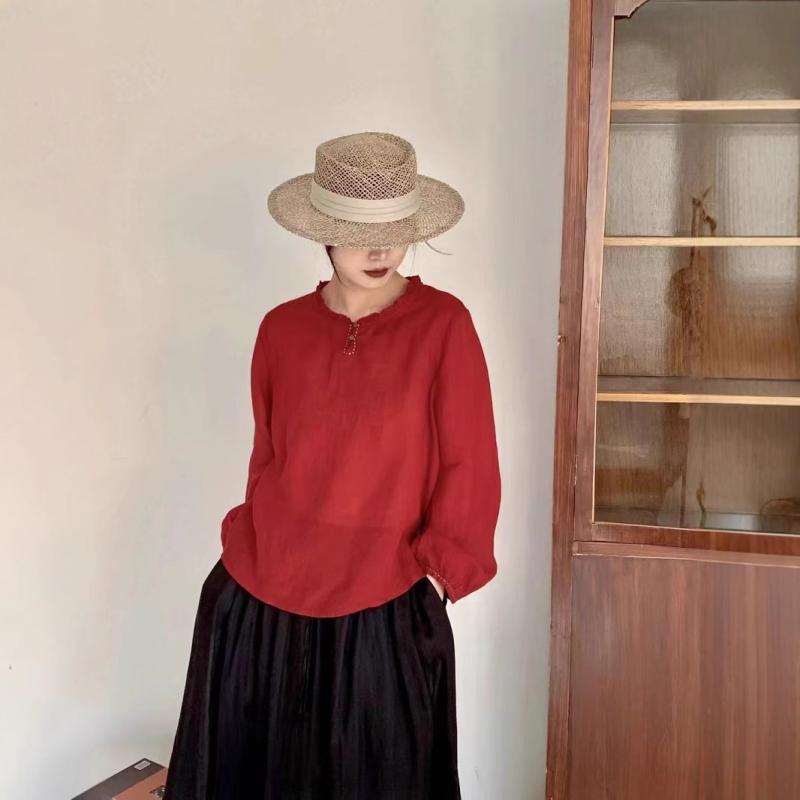シャツ レディース 春夏 トップス ブラウス カットソー 婦人服 麻 長袖 スタンドカラー フリル 立ち襟 無地 レトロ調 ナチュラル 普段使い デイリー 通勤用 カジュアル 着回し 薄手 涼しい 通気性 清涼感 白｜日用雑貨　RISE店