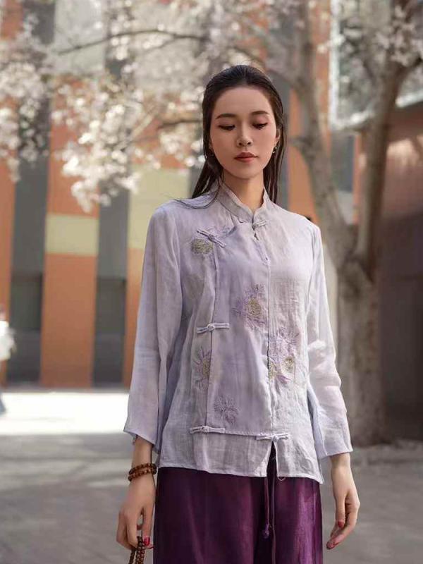 トップス レディース 春夏 長袖 半袖 シャツ ブラウス 茶服 チュニック カットソー ?麻 リネン 麻 ナチュラル カジュアル レトロ エスニック チャイナ風 刺繍 伝統的 普段使い 通気性 吸湿性 軽量 薄手 体型カバー 大きいサイズ ゆったり 着痩｜日用雑貨　RISE店