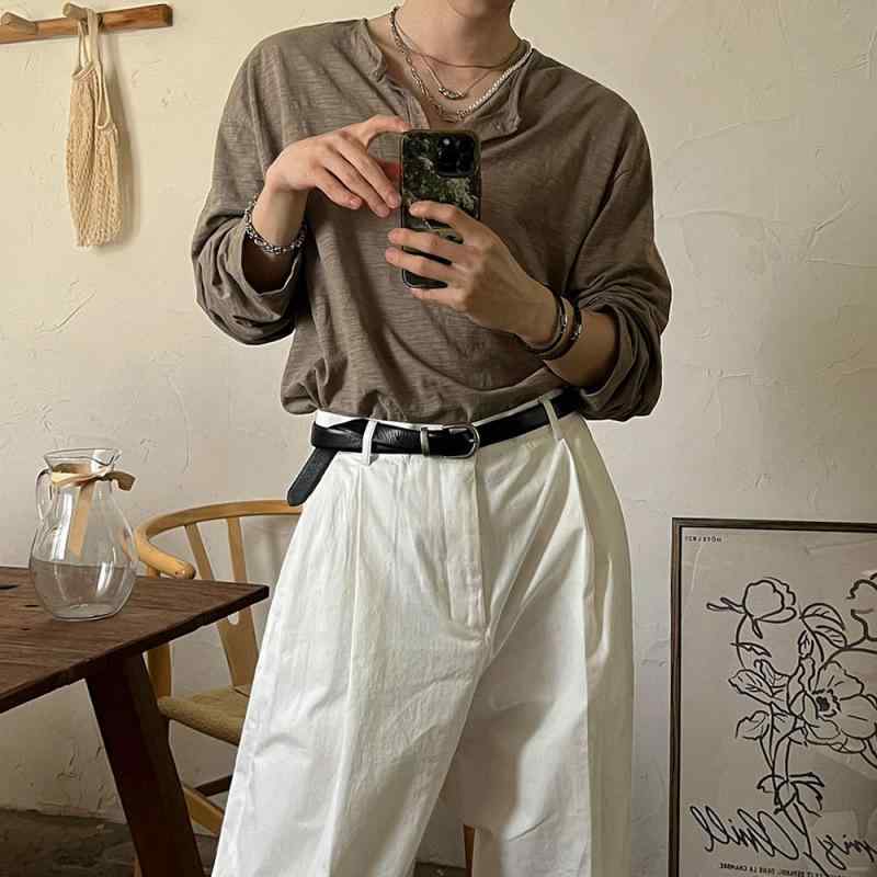 Tシャツ メンズ 長袖 ヘンリーネック トップス カットソー ロンT 紳士 男性用 秋用 秋冬 無地 竹節綿 コットン カジュアル シルエット 薄手 インナー シャツ アンダーウェア 着心地 防寒 普段着 部屋着 旅行 通学 通勤 おしゃれ｜日用雑貨　RISE店